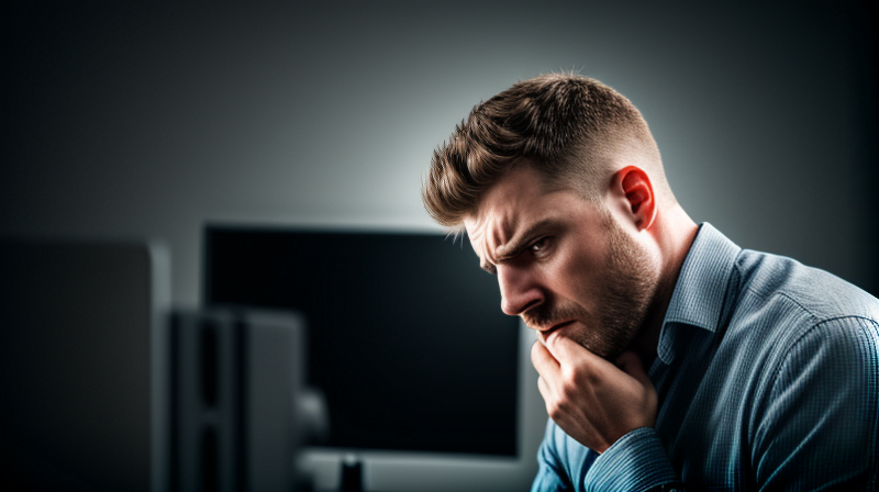 Frustrated man facing a computer screen.